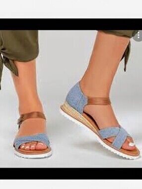 Sketchers Bob Denim Criss Cross Ankle Strap Espadrille Wedge Sandals Boho Chic